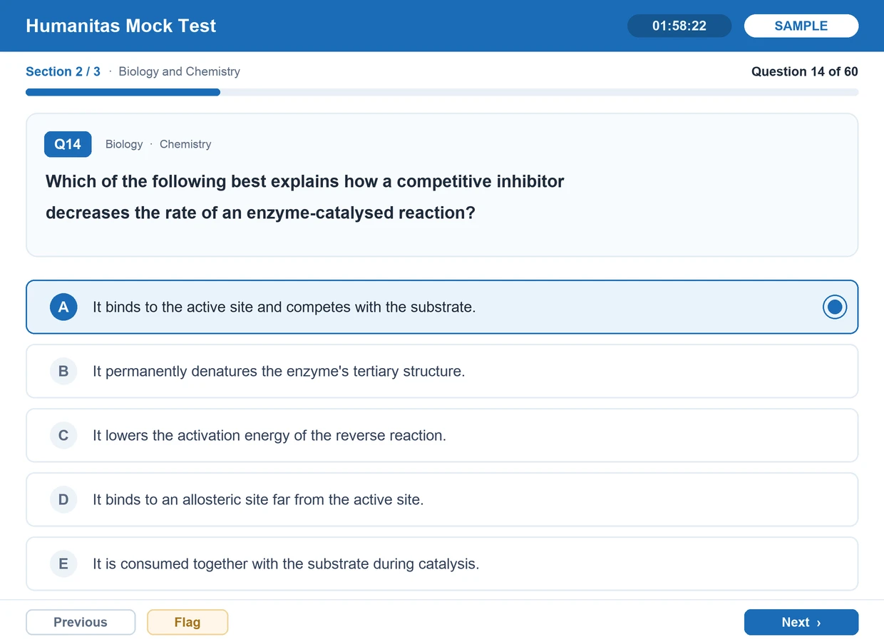 Humanitas Mock Test sample question screen (mirunote)