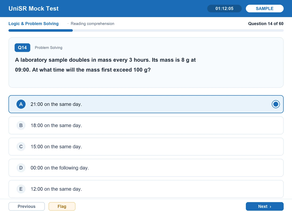 UniSR Mock Test sample question screen (mirunote)