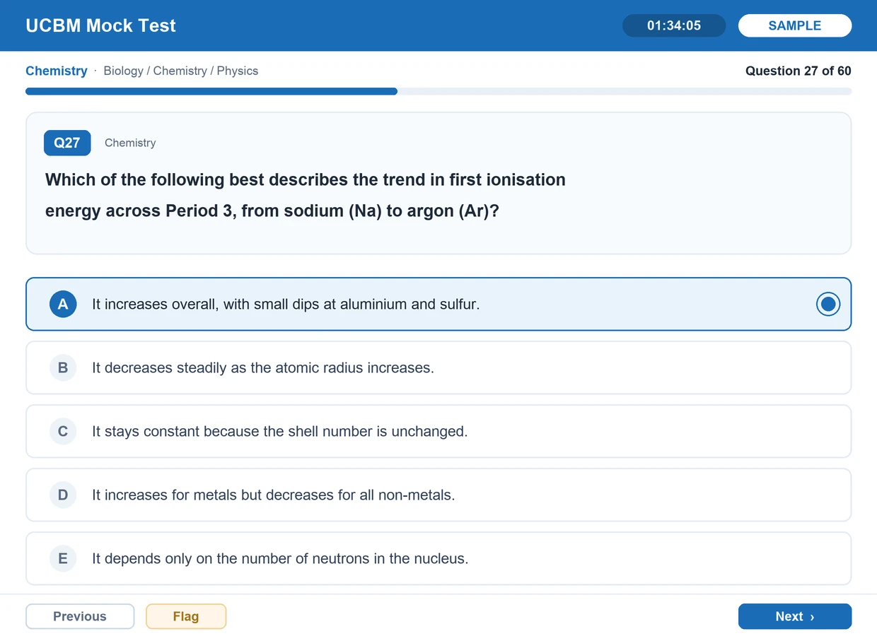UCBM Mock Test sample question screen (mirunote)