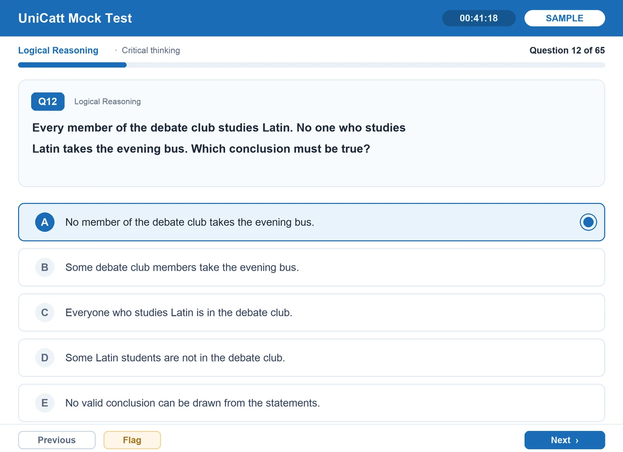 UniCatt Mock Test sample question screen (mirunote)