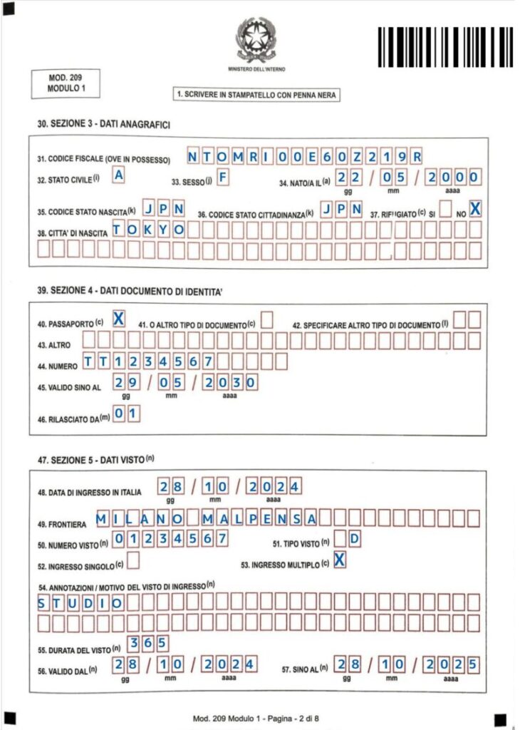 【初回】Permesso di soggiorno(イタリアの滞在許可証)の申請方法と申請用紙の書き方【記入例あり】 18 modulo1-page2