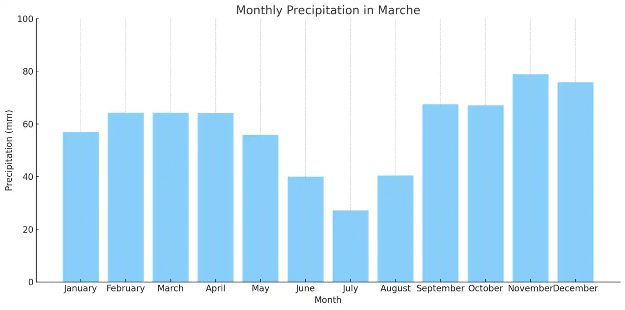 マルケ工科大学医学部英語コース(Marche Polytechnic University)【イタリア国立医学部】 2 Monthly Precipitation in Marche